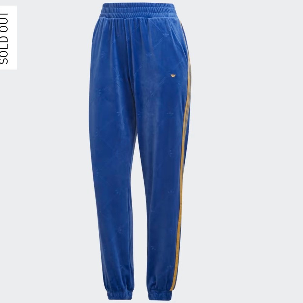 Blue track pants, velvet with embossed Adidas Originals Monogram & Gold Stripes